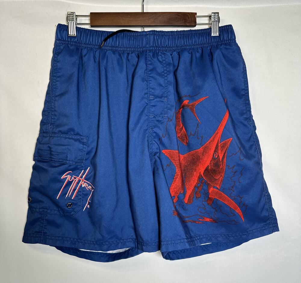 VTG Guy Harvey AFTCO Bluewater Blue Board Shorts Red Marlin Design Size Large
